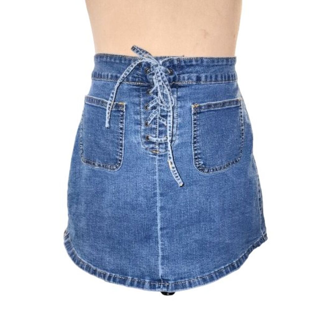 C & V Chelsea & Violet Med Wash Lace Up‎ Denim A-Line Mini Skirt Size M